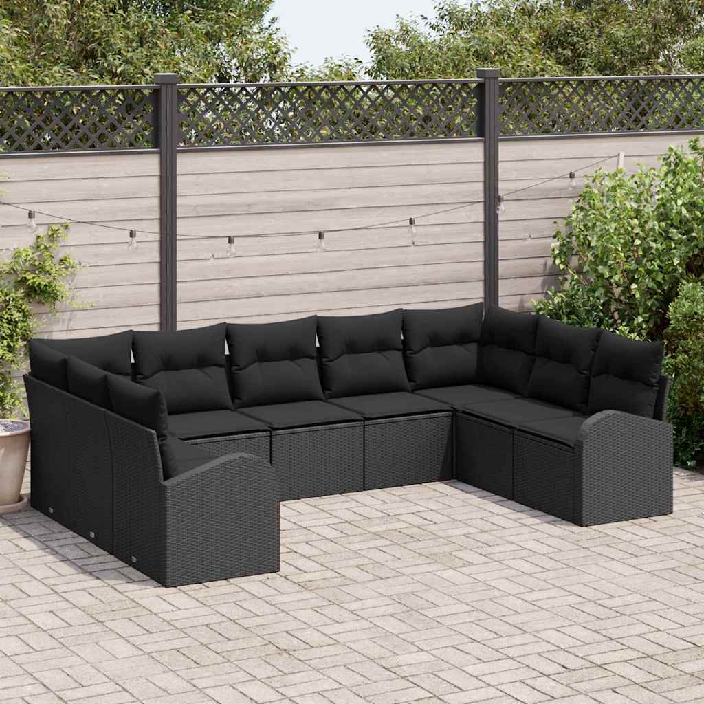 Garten-Sofa-Set mit Kissen 9 pcs Schwarz Poly Rattan